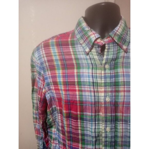 Ralph Lauren Shirt Mens Medium M Madras Plaid Multicolor Button Down 100% Linen - Picture 4 of 14
